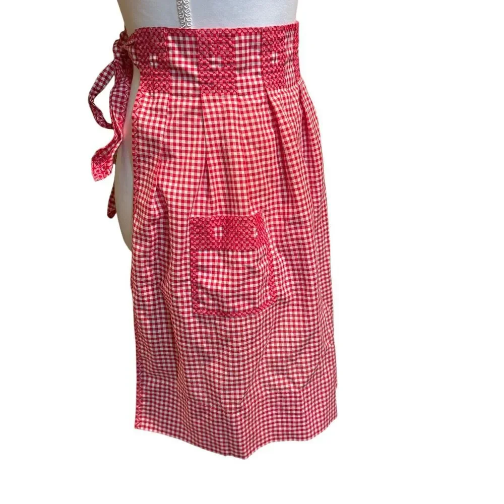Vintage Red &‎ White Gingham Handmade Apron with Cross Stitch Design & Pocket